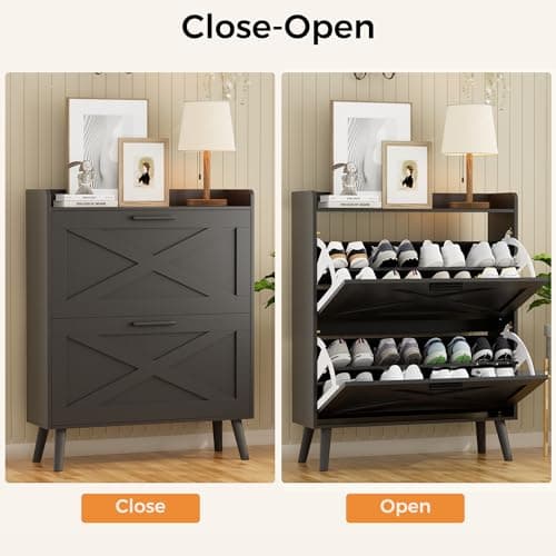 Homleke 32" W Farmhouse Shoe Storage Cabinet with 2 Flip Drawers and Barn Door Design, Adjustable Shelves, Modern Hidden Slim Narrow Shoe Rack Cabinet for Entryway, Foyer, Hallway, Living Room, Black 6