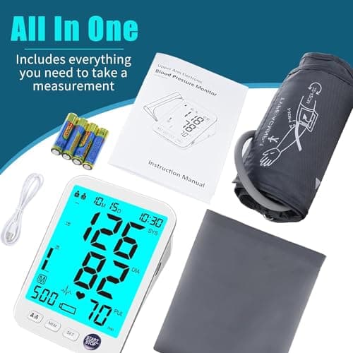 Blood Pressure Monitor Upper Arm Large LED Backlit Screen 1000 Sets Memory Automatic Digital BP Machine Adjustable BP Cuff 4 Batteries 6