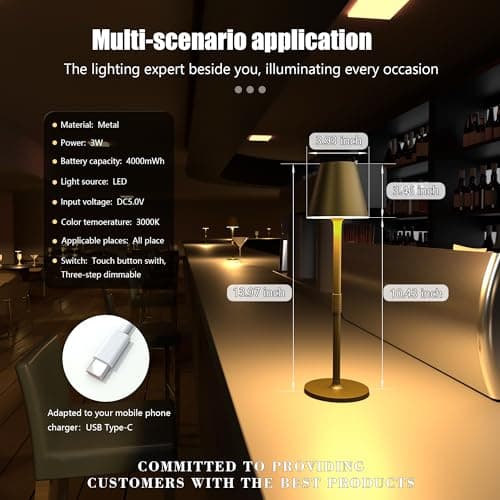 Timjorman 1-Pack Cordless Table Lamps - 5000mAh Rechargeable Battery Operated Desk Lamp, 3-Level Dimmable LED Night Light for Bedroom, Dining, Restaurant - Metal Design (Bronze 1-Pack) 8