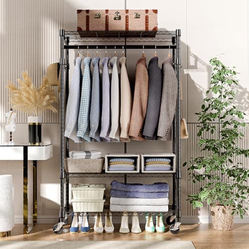 M MZG Heavy Duty Rolling Garment Rack 3 Tiers Adjustable Wire Shelving Clothes Rack with Rods and Side Hooks,Storage Closet Clothing Rack with Wheels Black 15.7" D x 29.5" W x 74.5" H 5