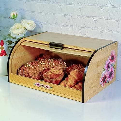 Luv UR Kitchen - Roll top Bread Box for Kitchen Countertop - All-Natural Bamboo Bread Box with Beautiful Flower Design - Ideal Breadbox for Kitchen Countertop Storage 8