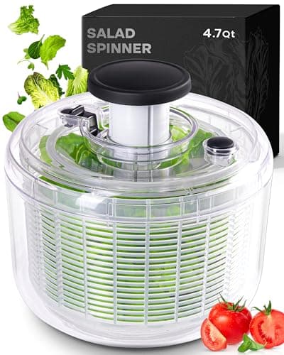 BASSWOOD Pump Salad Spinner with Bowl and Colander - Quick and Easy Multi-Use Lettuce Spinner, Vegetable Dryer, Fruit Washer, Pasta and Fries Spinner - 4.7 Qt