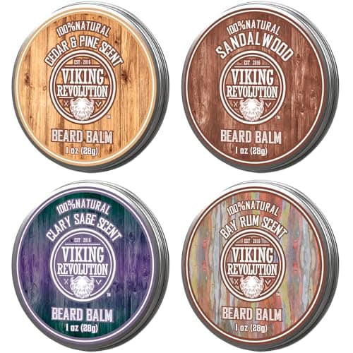 Viking Revolution 4 Beard Balm Variety Pack (1oz Each) - Sandalwood, Pine & Cedar, Bay Rum, Clary Sage - Styles, Strengthens and Softens Beards and Mustaches - Wax for Men