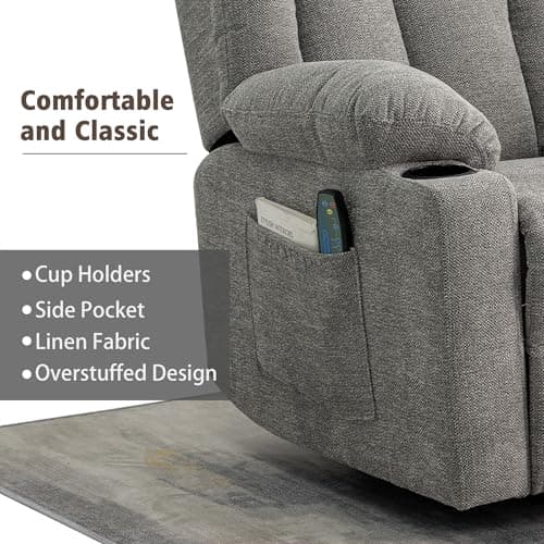 Ketaiyou Rocker Swivel Recliner Chair for Adults, Overstuffed Large Manual Recliner Glider with Massage and Heat, Comfy Soft Fabric Living Room Reclining Sofa Chair (Lime Gray) 9