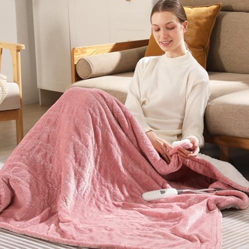 Electric Throw Blanket Heated Throw 50''x60''- Wheat Pattern Flannel & Sherpa Heated Lap Blanket with 5 Heat Settings & 4-Hour Auto Shut-Off, ETL & FCC Certified, Machine Washable Home Use, Pink