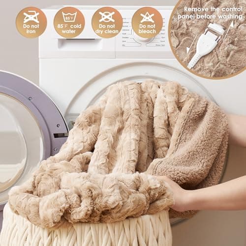 EHEYCIGA Electric Heated Blanket Throw Faux Fur, 10 Hours Auto Shut Off 9 Heating Levels Heating Blanket Throw, Soft Warm Heated Blanket Fast Heating Camel, Faux Fur & Sherpa 7