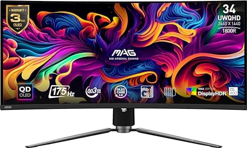 msi MAG 341CQP QD-OLED, 34 Curved OLED Gaming Monitor, 3440 x 1440 (UWQHD), 0.03ms Response time, 175Hz, True Black HDR 400, HDMI, DP Port, USB Type C, Tilt, Height, Black