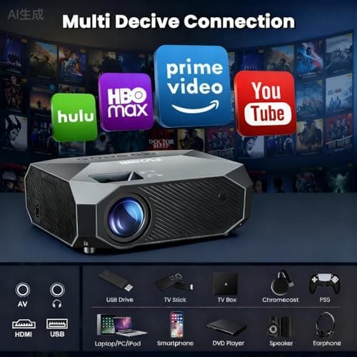 FUDONI Projector with WiFi and Bluetooth, Outdoor 4K Support 18000L Projector HD 1080P Max 300" Display, Movie Video Portable Home Theater Projector Compatible with USB/HDMI/iOS/Android/TV Stick 6