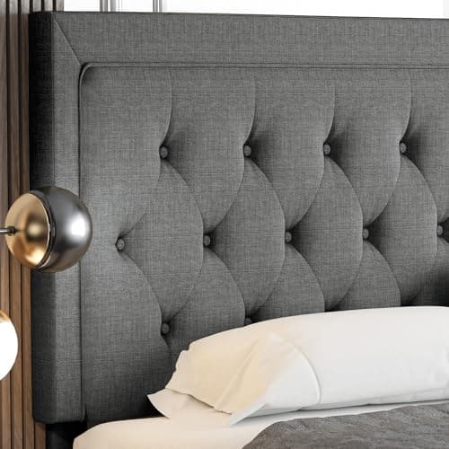 Allewie Queen Size Button Tufted/Fabric Upholstered Bed Frame with Adjustable Headboard/Wood Slat Support/Mattress Foundation/Dark Grey 7