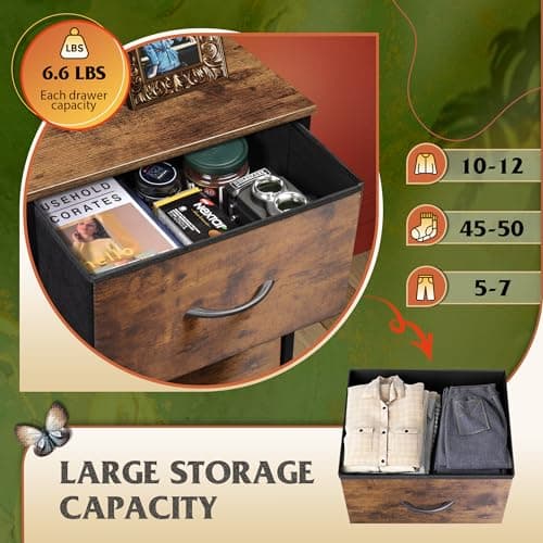 WLIVE Fabric Dresser for Bedroom, 5-Drawer Tall Dressers, Storage Organizer with Fabric Bins, Wood Top, Sturdy Steel Frame, Chest of Drawers for Closet, Hallway, Rustic Brown Wood Grain Print 5