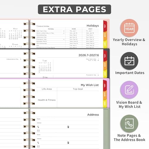 EMSHOI Academic Planner 2026-2027, Weekly and Monthly Calendar (July 2026 - June 2027), School Student Teacher Agenda Book, 100GSM Paper, PVC Cover, Colorful Tabs, A5 (6.38" x 8.35"), Light Green 5