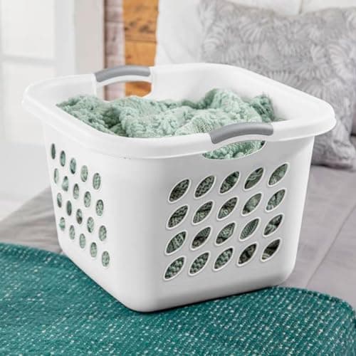 Square Laundry Hamper Clothes Storage Basket with Holes 53L White with Grey Handles Utility Room Garage Closet Made in US (1) 5