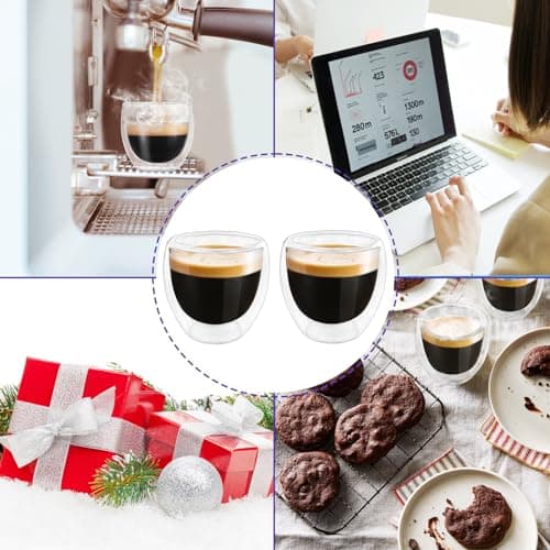 Double Wall Expresso Cups (Set of 2), 3 Ounce Glass Espresso Mugs - Clear, Double Walled, Insulated, Small Demitasse Cups for Espresso Machine - Microwave Safe 6