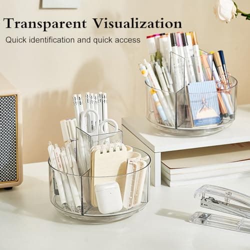 JIKIOU Acrylic Pen Holder, 360-Degree Rotating Pen Holder for Desk, Clear Desk Organizers and Accessories with 5 Compartments Pencil Organizer, Art Supply Storage Box Caddy for Office, Home 6
