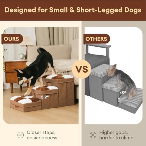 FUNNYFUZZY Dog Stairs with Storage 13“H,Foldable 3-Step Pet Steps for Small Medium Dogs with Sturdy Stylish Cover,Dog Steps for Couch Sofa and Chair,Non-Slip, Indoor,Brown 6