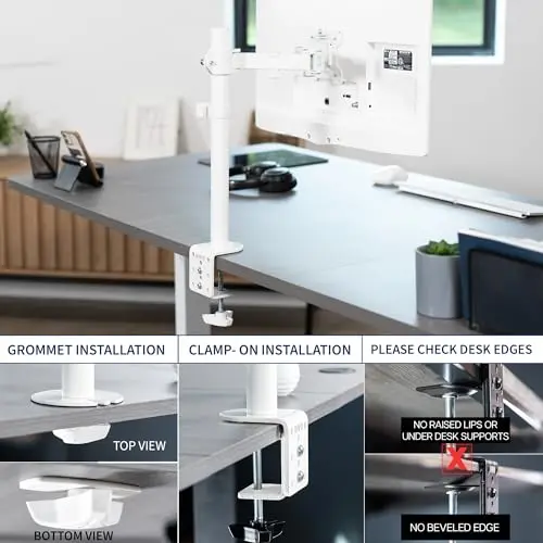 VIVO Single Monitor Arm Desk Mount, Holds Screens up to 32 inch Regular and 38 inch Ultrawide, Fully Adjustable Stand with C-Clamp and Grommet Base, VESA 75x75mm or 100x100mm, White, STAND-V001W 5