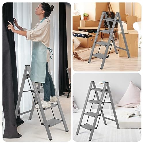 4 Step Ladder Lightweight Folding Step Stool, Aluminum Portable Lightweight Ladder for Home and Office Use, Anti-Slip Pedal 330 Lbs Capacity Household Stepladder(Gray) 6