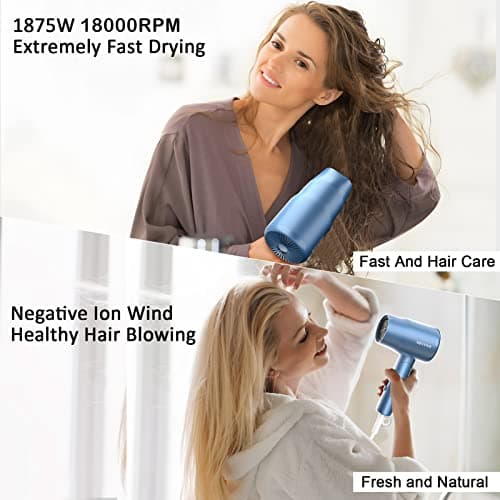AIRYOMI Portable Travel Hair Dryer Dual Voltage, Lightweight Small Blow Dryer with EU Plug, 1875W Compact Hairdryer with Folding Handle, Concentrator Attachment Hair Dryer for Women Men (Blue) 5