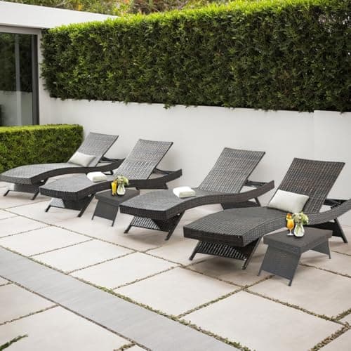 Asifom Outdoor Patio 4 Adjustable Backrest Chaise Lounger and 2 Side End Tables, 6 Piece Lounge Chair Patio Pool Outside Rattan Reclining Lounge Chairs with Coffee Table