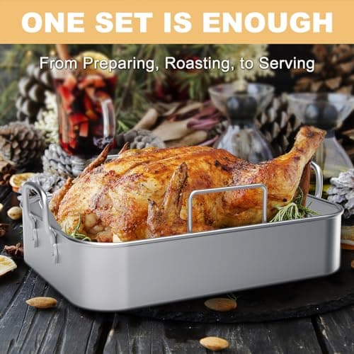 Stainless Steel Roasting Pan, 17*13 Inch Turkey Roaster with Rack - Deep Broiling Pan & V-shaped Rack & Flat Rack, Non-toxic & Heavy Duty, Great for Thanksgiving Christmas Roast Chicken Meat Lasagna 7