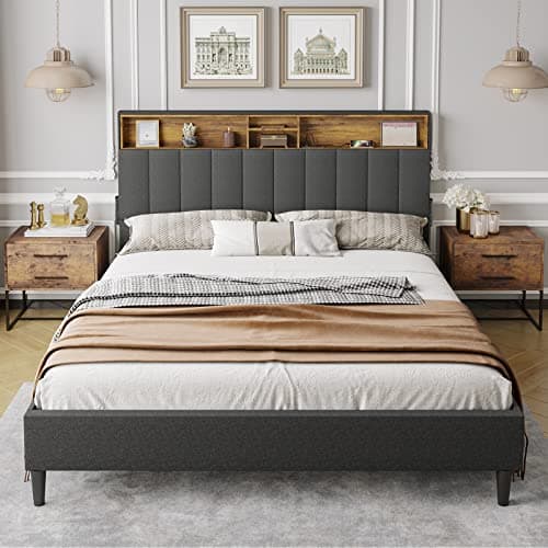 Tiptiper Queen Bed Frame with Storage Headboard & Charging Station, Clearance Upholstered Bed Frame Queen Size with 12 Wood Slats, No Box Spring Needed, Dark Grey 5