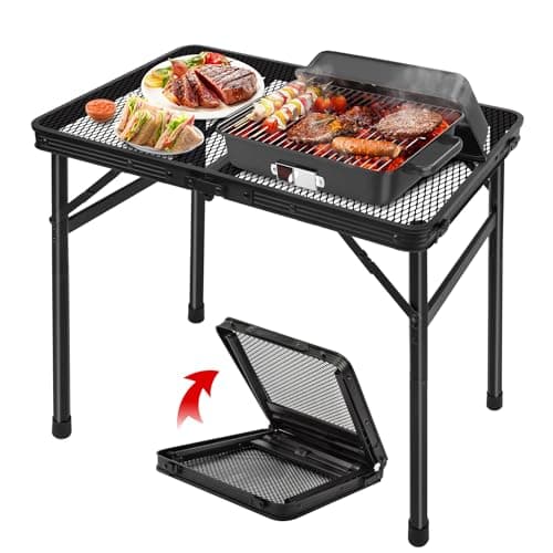jkwokback Grill Table Camping Table Portable Folding Table,Height Adjustable Collapsible with Mesh Desktop,Lightweight Metal Table for Camp, BBQ, Picnic, RV, Outdoor Cooking, Travel