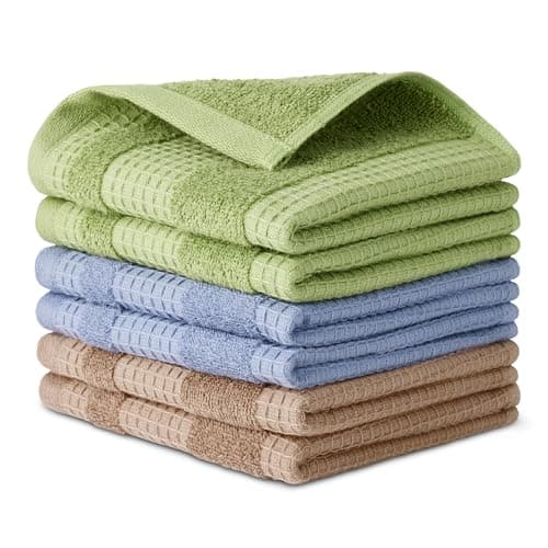 Amazon Basics Organic Cotton Waffle Weave Kitchen Dish Cloths, Ultra Absorbent, Quick Drying, Lint-Free, 12 x 12 inches, 6-Pack (2 Brown, 2 Green, 2 Navy)