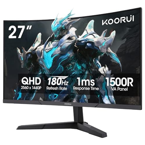 KOORUI 27 Inch Curved Gaming Monitor QHD (2560 x 1440) 180Hz, 1ms 1500R Display, Adaptive Sync, 90% DCI-P3, HDMI 2.0 & DisplayPort 1.4, VESA, Tilt, Eye Care, 27E6QCA