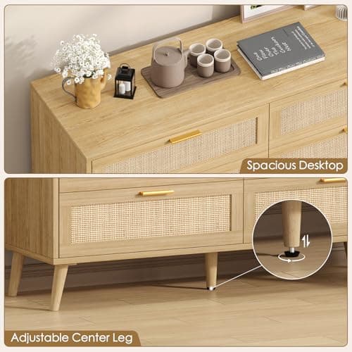 Rovaurx Rattan 6 Drawer Double Dresser for Bedroom, 47.2" Wide Boho Chest of Drawers, Modern Wooden Dresser Chest with Golden Handles, Beside Table for Closet, Living Room and Entryway, Natural Oak 9