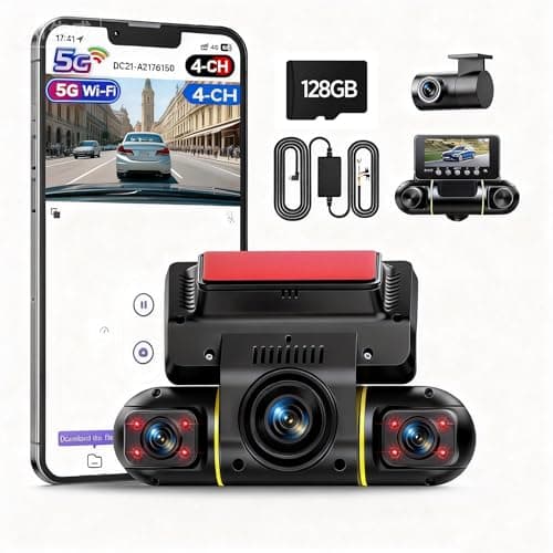LAMTTO 360 Degree View 4 Channel Dash Cam Front and Rear Inside 5G WiFi Dash Camera for Cars APP Control 8 IR Night Vision Parking Monitor Emergency Recording 128G SD Card Included
