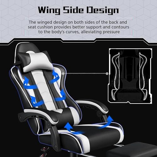 Yaheetech Gaming Chair, Video Game Chair with Massage Lumbar Support and Footrest Height Adjustable Ergonomic Computer Gaming Chair with Swivel Seat and Headrest, Black/White 7