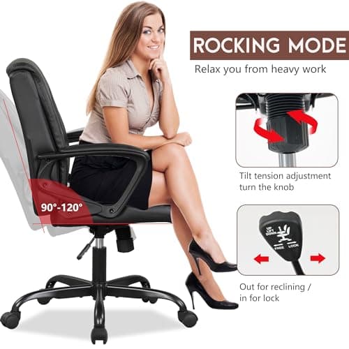 PayLessHere PU Leather Task Chair Home Office Chair Ergonomic Desk Chair with Lumbar Support and Armrests Adjustable Features with Mid Back Swivel Executive Computer Chair (Black) 5