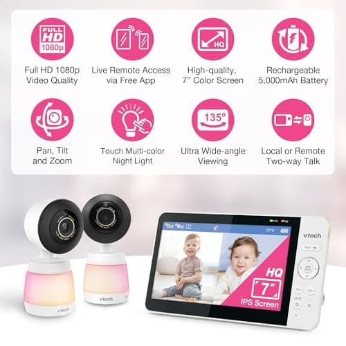 VTech Smart WiFi Baby Monitor with 2 Cameras, 1080p FHD Video, Free App with Motion Videos, Sound/Motion Alerts, 7" IPS Split‑Screen Display, Pan‑Tilt‑Zoom, Dual‑Room Monitoring – Smart HQ Max Twin 2