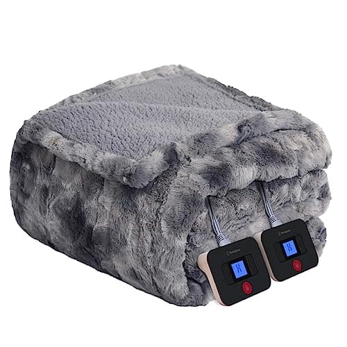 Westinghouse Electric Blanket Queen, Faux Fur Heated Blanket with 10 Heating Levels & 1-12 Hours Auto Off, Soft Cozy Sherpa Heated Blanket Washable Blanket (84" x 90" Queen Size, Grey)