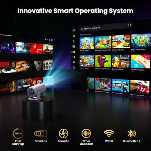 [Built-in Apps & Smart OS] Smart Projector with WiFi and Bluetooth, 1080P FHD 4K Support, Projector with Auto Keystone, Stereo Speaker, Compatible with HDMI/TV Stick/USB, Portable Projector, White 7