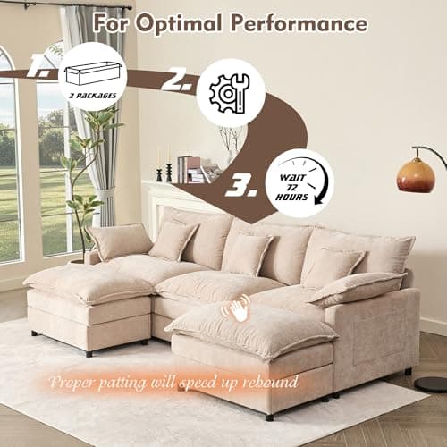 GOSUHI 108" U Shaped Couch, Modular Sectional Sofa, 3-Seater Comfy Cloud Couch, Set of Modular Pieces with Movable Ottoman, Deep Seat Couches for Living Room, Chenille, Flat White 7