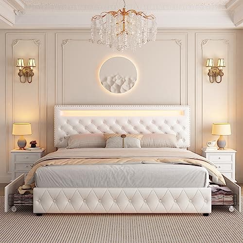 Queen Led Bed Frame with 4 Storage Drawers, with Smart Control RGBW LED Lights Headboard Footboard, Control DIY Color, Box Spring Optional, PU White 9