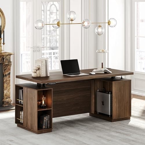 Perledesign 70" Standing Desk with Storage, Executive Electric Height Adjustable Stand Up Desk with AC/USB, Privacy Panel, Large One-Piece Destop, Fluted Computer Desk, Black Walnut