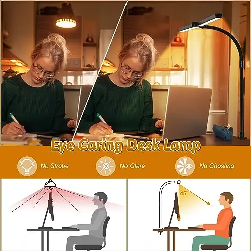 MACASA LED Desk Lamp for Office Dorm Home - Eye Caring Desk Light with Timer, Remote Control 24W Brightest Dual Screen Computer Monitor Gooseneck Dimmable Table lamp with Anti-Glare Cover Clamp 5