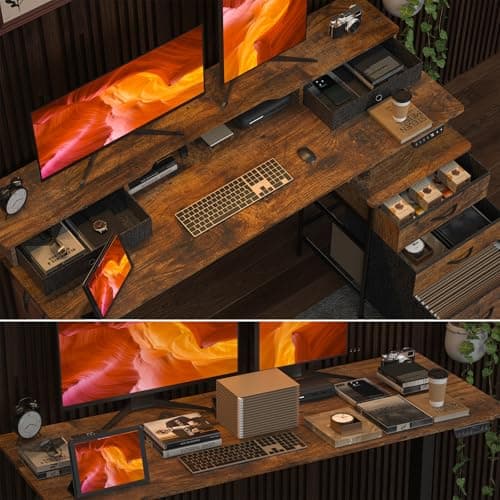 REGISDESK 63 Inch Electric Standing Desk with Cabinet & Drawers, Height Adjustable Sit Stand Desk with Monitor Shelf, Smart Home Office Standing Computer Desk, Rustic Brown 7