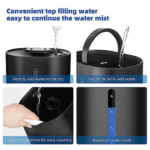 6L Humidifiers for Bedroom Large Room Home, Cool and Warm for Baby and Plants Mist Top Fill Desk Humidifiers Essential Oil Diffuser, Quiet with Adjustable Mist,360°Nozzle-Black 6