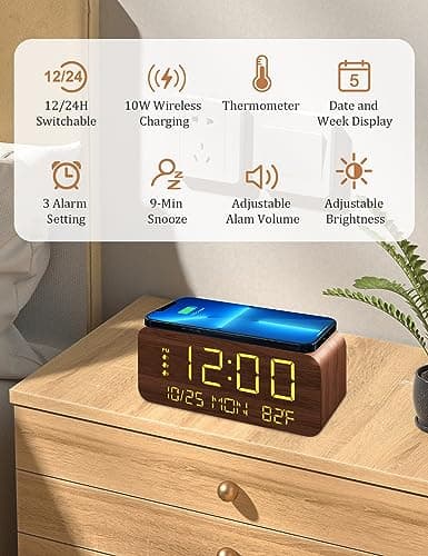 Digital Alarm Clock, with Wooden Electronic LED Time Display, 3 Alarm Settings, 10W Wireless charging, Day of the week, Temperature Detect, Wood Made Digital Clocks for Office, Bedroom, Bedside, Brown 5