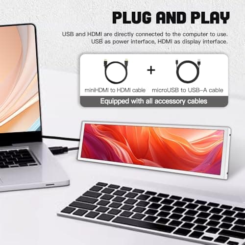 LESOWN 8.8 inch Stretched Bar LCD Temp CPU GPU Data Monitor 1920x480 IPS Wide Screen Portable Screen for PC Laptop Aida 64 Windows Secondary Display - White 3