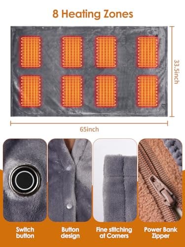 Bodami USB Heated Blanket,with 10000mAh Power Bank,Cordless Portable Wearable Electric Throw Blanket,3 Heating Levels,8 Heating Zones,65''*34'' for Home,Travel and Camping 5
