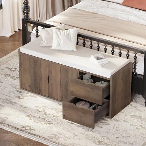 LVB Entryway Bench with Storage, 40” Storage Bench with Padded Cushioned Seat, Farmhouse Shoe Bench with 2 Drawers Cabinet Shelf, Industrial Wood Shoe Rack Bench for Living Bedroom，Rustic Oak, 40in 8