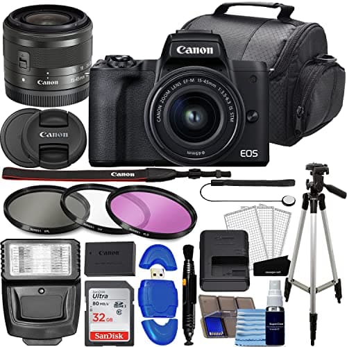 Canon EOS M50 Mark II Mirrorless Digital SLR with 15-45mm Lens Kit (Black) + 32GB Memory Card + 3 Piece Filter Kit, Tripod, Flash + Photography Bundle