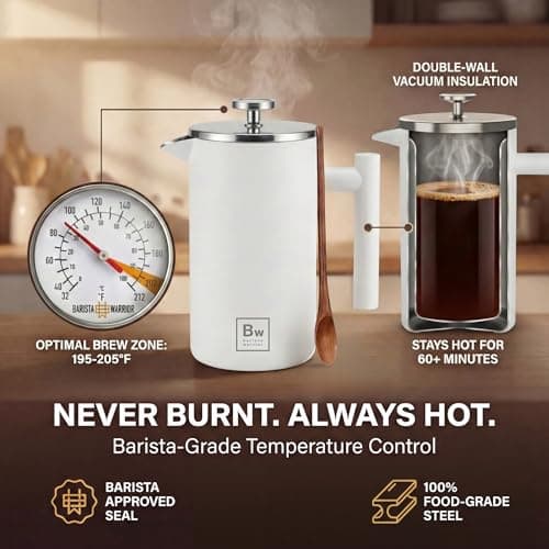Barista Warrior French Press Coffee Maker Stainless Steel with Built-In Thermometer - Insulated Double Wall Design, Dual Filter System, Stay-Cool Handle & Wood Spoon - White 4