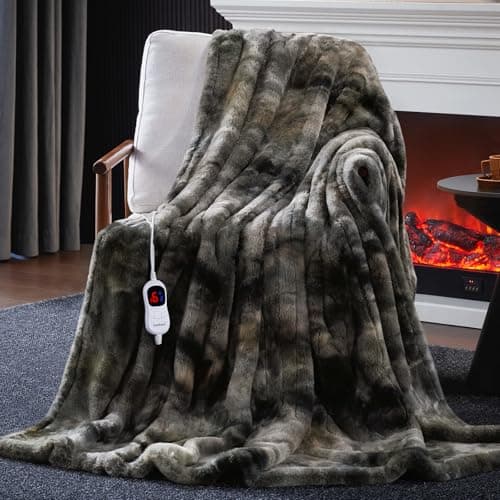 Guohaoi Heated Blanket Electric Throw, Soft Faux Rabbit Fur Electric Blanket with 10 Heating Levels 5 Sitting Timer Auto Off, Cozy Warm Heating Blankets, Machine Washable(50"×60" Dark Grey)