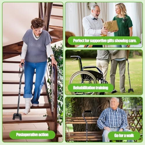 Ez2care Adjustable Folding Quad Cane for Right or Left Hand Use, Lightweight, Self Standing Small Base Walking Stick for Travel and Storage, Four Prongs Collapsible Cane, Metallic Grey 9