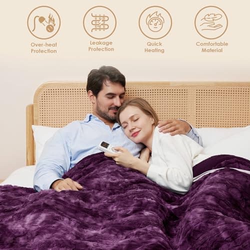 EHEYCIGA Electric Heated Blanket Throw Faux Fur, 10 Hours Auto Shut Off 9 Heating Levels Heating Blanket Throw, Soft Warm Heated Blanket Fast Heating Purple, Faux Fur & Sherpa 5